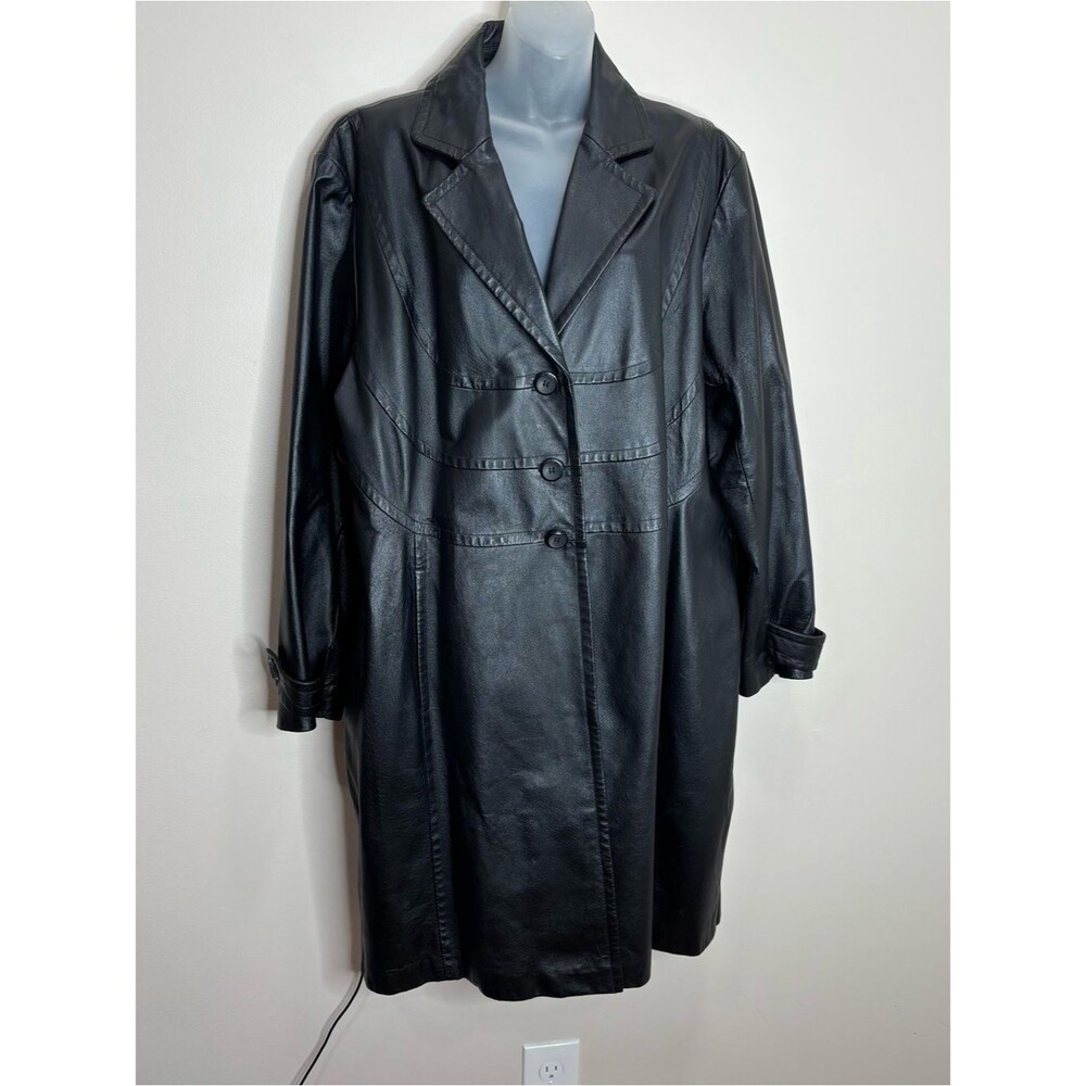 George Black 100% Genuine Leather Button-Front Trench Coat long 2XL classic goth
